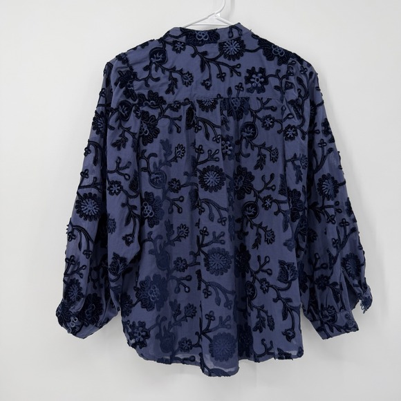 Anthropologie Pilcro Blue Velvet Appliqué Button Down Top Size Medium - Picture 2 of 12